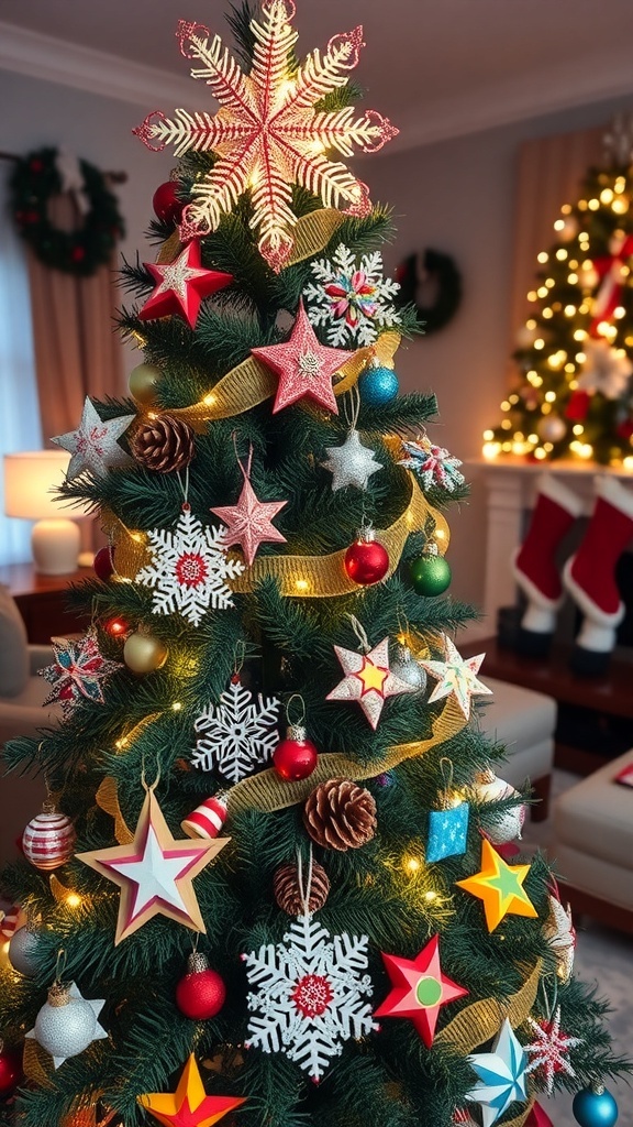 A Christmas tree decorated with DIY ornaments made from paper and fabric, illuminated by warm lights.